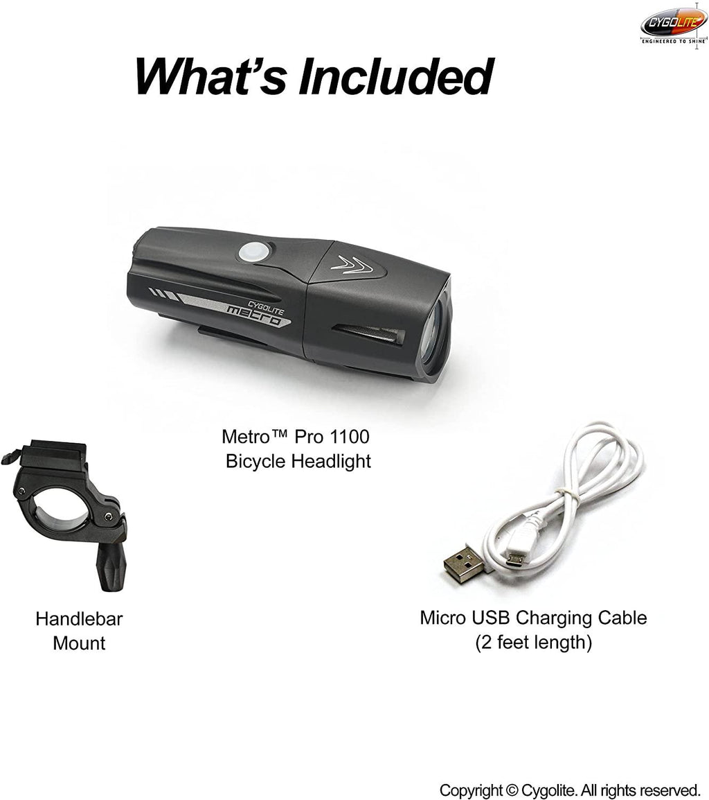 Cygolite Metro Pro – 1,100 Lumen Bike Light – 9 Night & Day Modes – Compact & Durable – IP67 Waterproof – Secured Hard Mount – USB Rechargeable Headlight – For Road, Mountain, Commuter Bicycles, Black