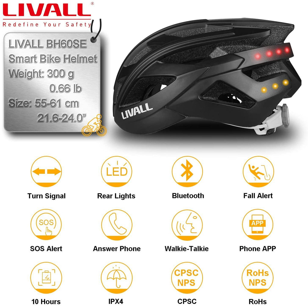 LIVALL BH60SE Adult Smart Bike Helmet with Turn Signal Light and 14 tail lights, Built-in Speaker and Microphone, Bluetooth Connection to Phone, Ultra-light and Ventilated Man and Woman Cycling Helmet