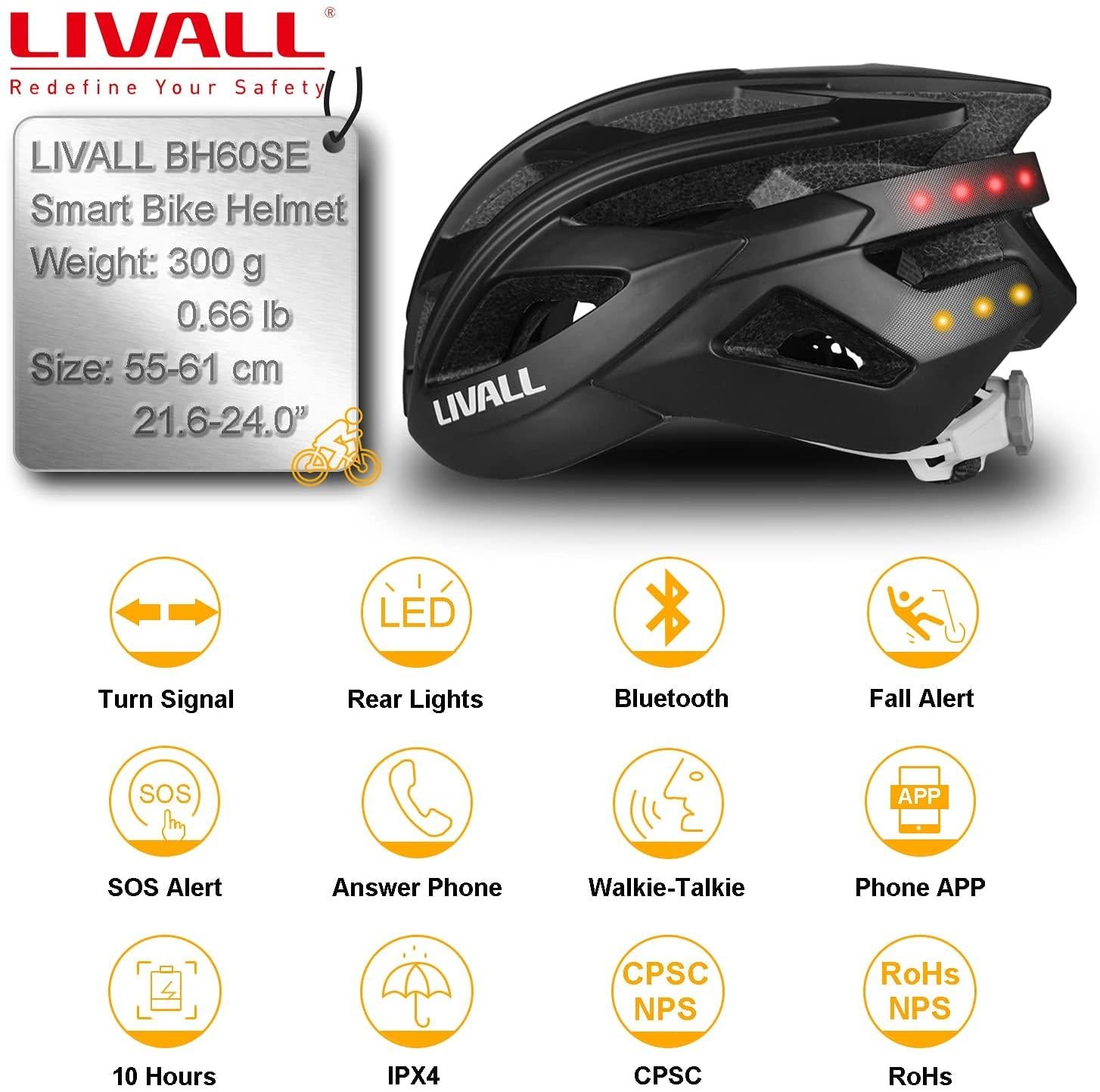 LIVALL BH60SE Adult Smart Bike Helmet with Turn Signal Light and 14 tail lights, Built-in Speaker and Microphone, Bluetooth Connection to Phone, Ultra-light and Ventilated Man and Woman Cycling Helmet