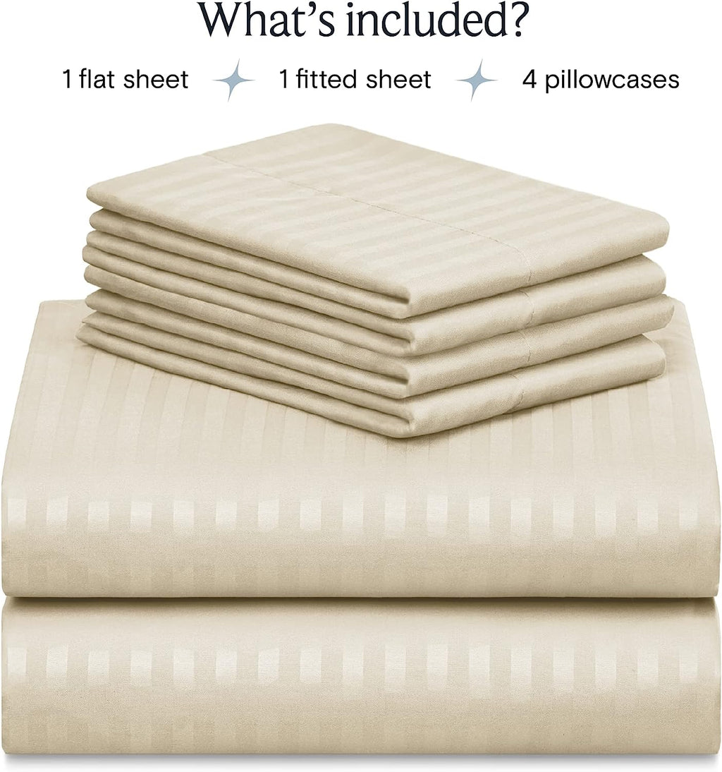 LuxClub King Size Striped Sheets Set, 6 PC Striped Bed Sheets, Deep Pockets 18" Eco Friendly Wrinkle Free Cooling Sheets Machine Washable Hotel Bedding Silky Soft (King, Striped Cream)