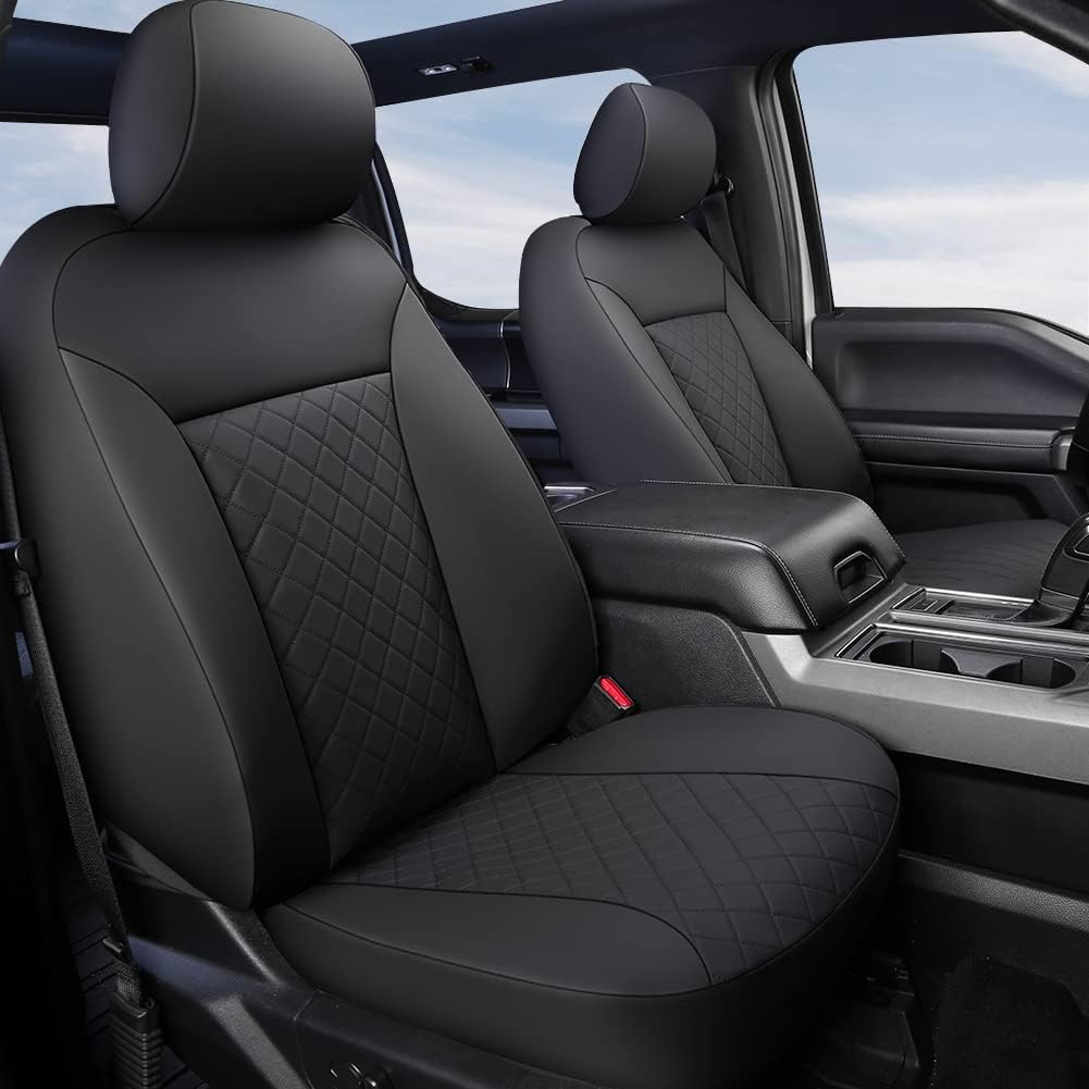 GIANT PANDA Front Car Seat Cover for Ford F150, Piping Leather Bucket Seat Covers Custom Fit Ford F250 F350 (Red+Black) 2-Pack, Faux Leather + Stretch Fabric