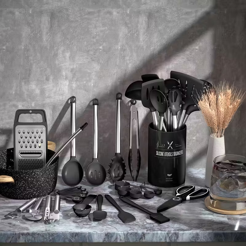 Kitchen Utensils Set-34pcs Silicone Cooking Utensils Set for Nonstick Cookware-Silicone Spatulas Set, Stainless Steel Handle-Black Kitchen Gadgets Tools, Pots And Pans Accessories, SKROAM father gift