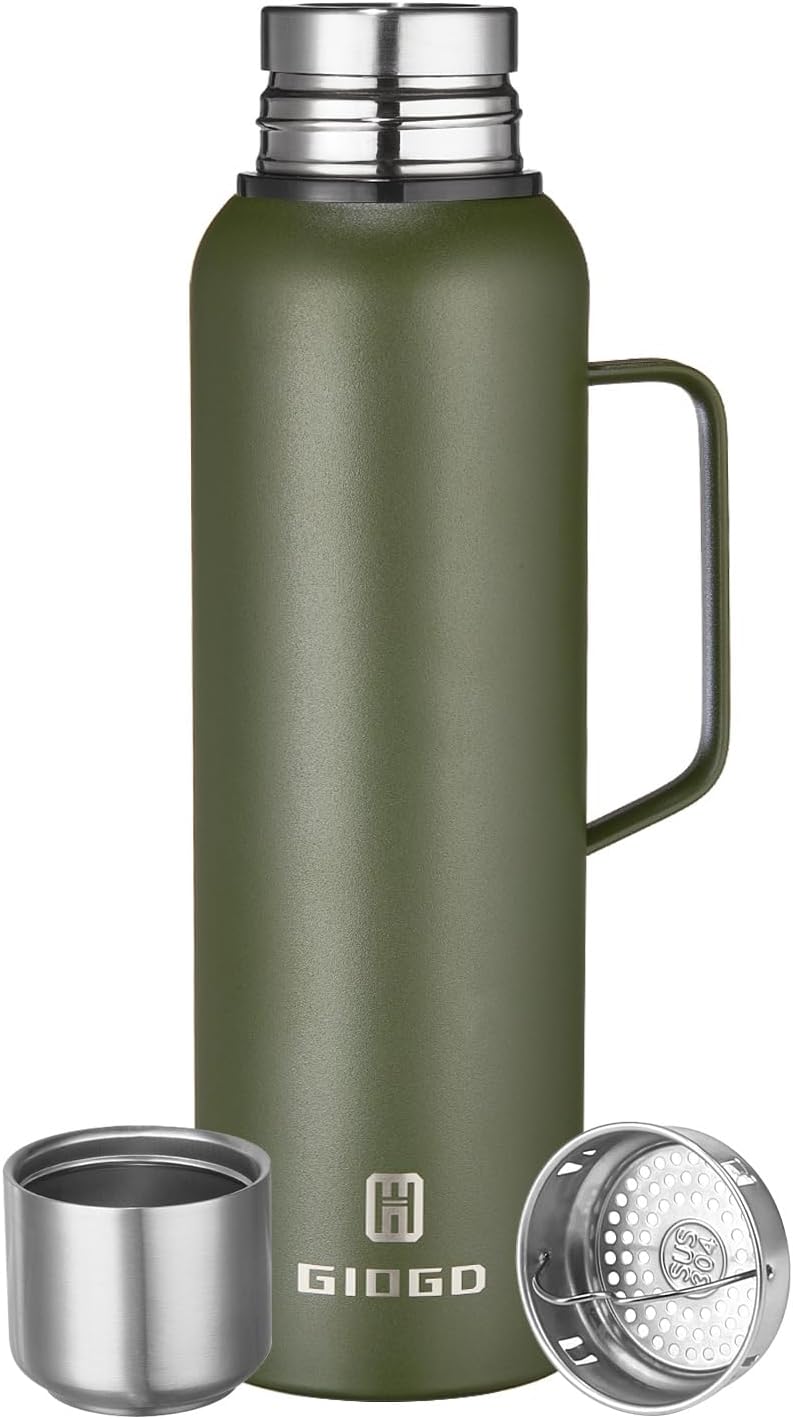 Insulated vacuum Thermo Bottle 1000ml/33.8oz with cup Stainless steel coffee bottles for hot and cold drink water flask.