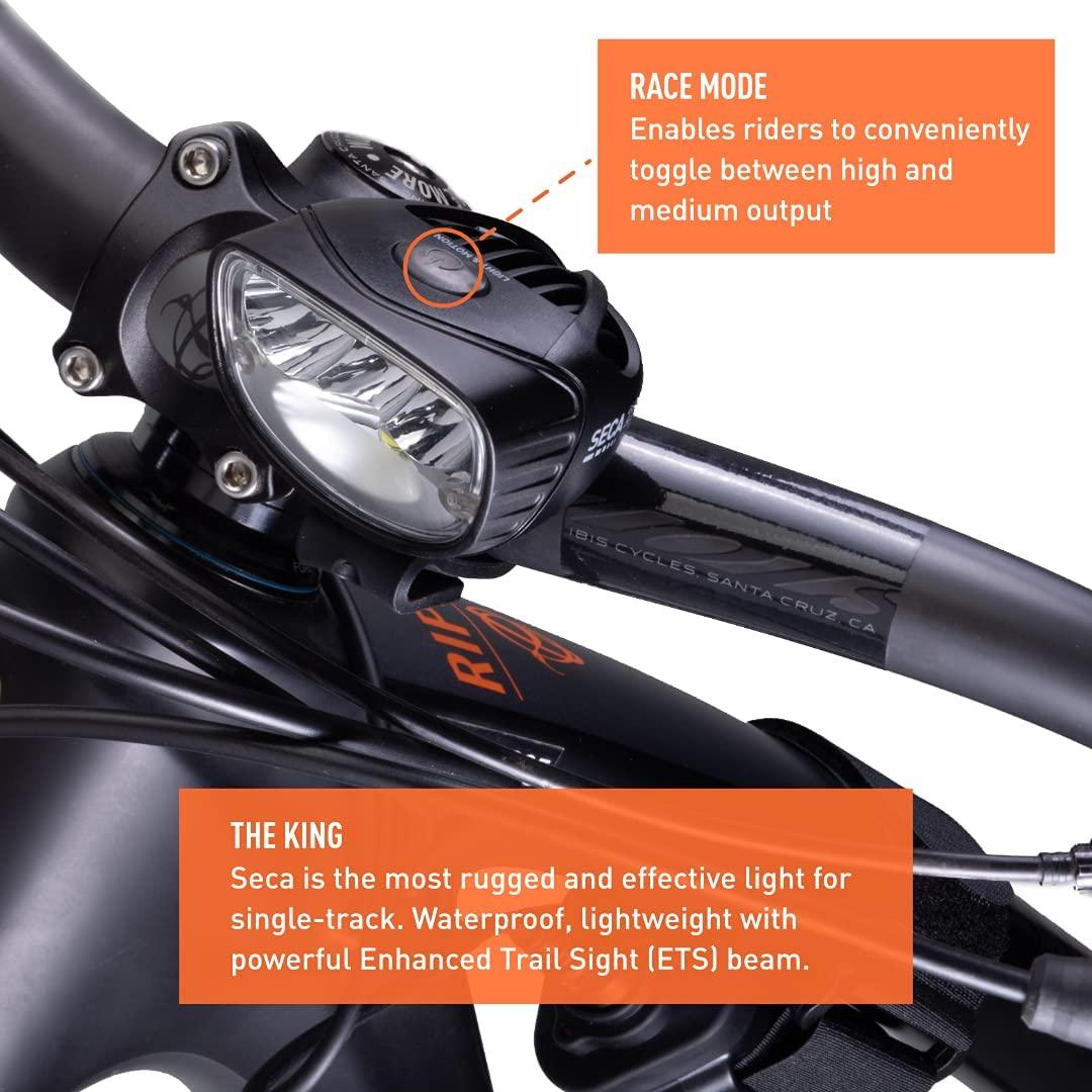 Light & Motion Seca Race 2000, Light up The Trail with 2000 lumens of Power. Patented Optics and a Combination of spot + Wide-Flood Beams Allow The Rider to Push Their Limits in Any Terrain.