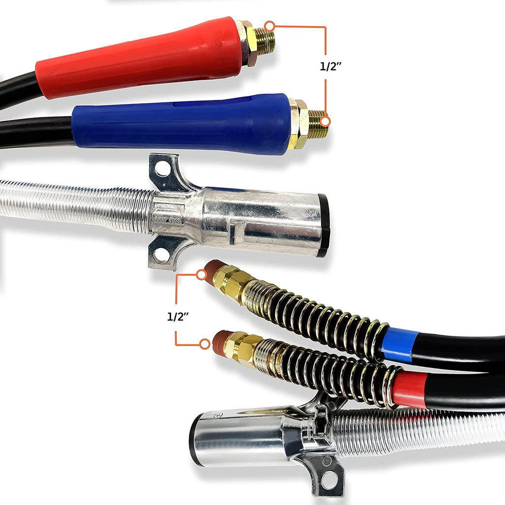 TORQUE 12ft 3 in 1 ABS & Air Power Line Hose Kit Airline Air Hose with Glad Hands Wrap 7 Way Electrical Cable with Handle Grip & Gladhands for Semi Truck Trailer Tractor (TR813212)