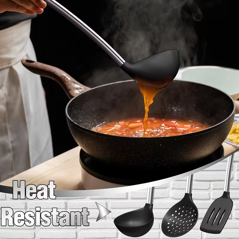 Kitchen Utensils Set-34pcs Silicone Cooking Utensils Set for Nonstick Cookware-Silicone Spatulas Set, Stainless Steel Handle-Black Kitchen Gadgets Tools, Pots And Pans Accessories, SKROAM father gift