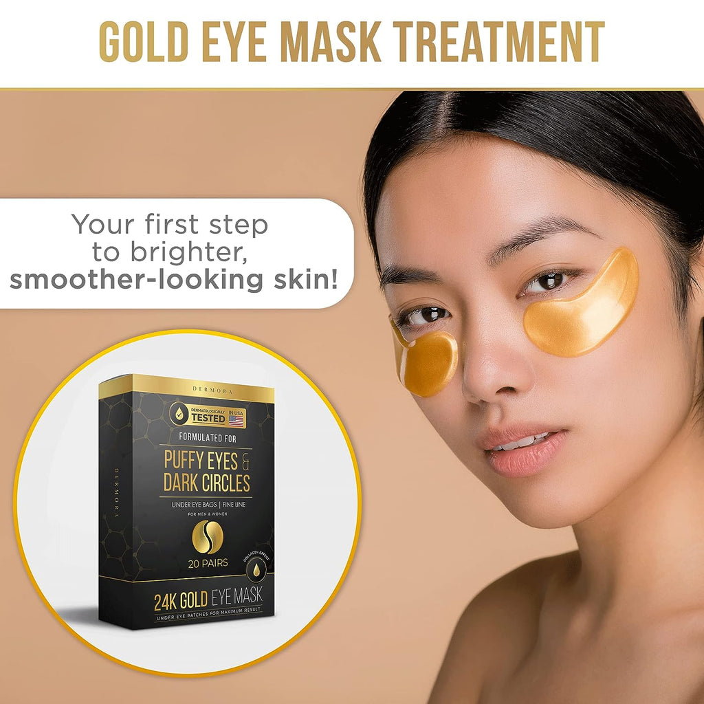 DERMORA Skin Treatment Mask 24K Gold Eye Mask - 20 Pairs Eye Gels - Rejuvenating Treatment for Dark Cirlce,Puffiness,Refresh,Revitalizing,Travel,Wrinkles
