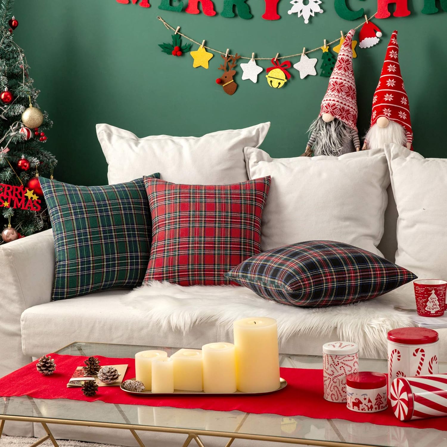 MIULEE Christmas Set of 2 Scottish Tartan Plaid Throw Pillow Covers Farmhouse Classic Decorative Square Cushion Cases for Home Decor Sofa Couch 18x18 Inch, Red