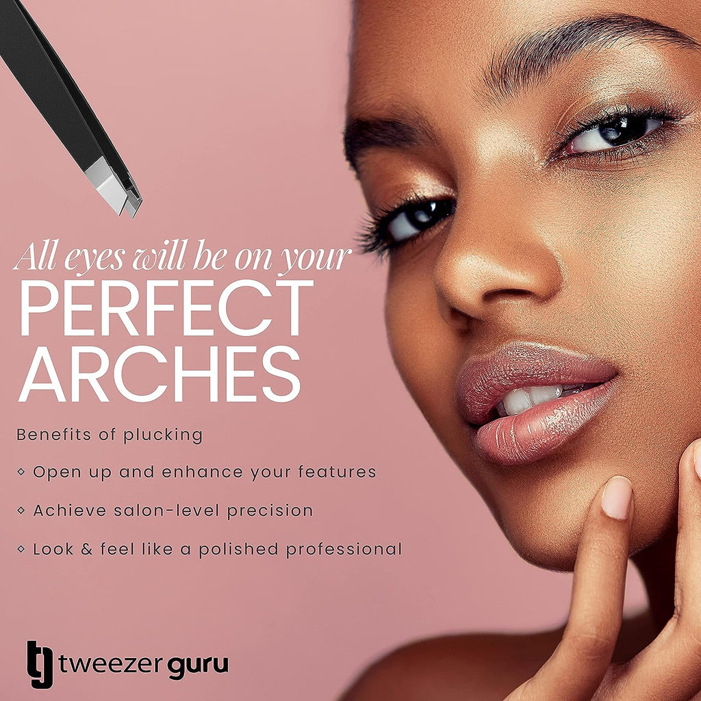 Tweezer Guru Tweezers for Eyebrows - 2 Pack Slant Tip Professional Stainless Steel Eyebrow Tweezers for Women &amp; Men - Great Precision on Brow, Facial Hair &amp; Ingrown Hair (Classic Pink and Black)