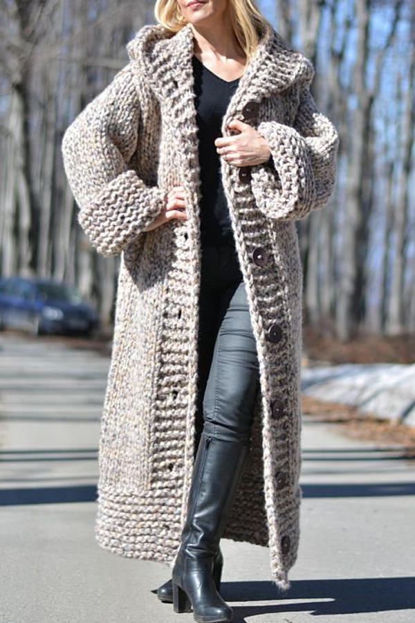 Chunky knit long hooded cardigan