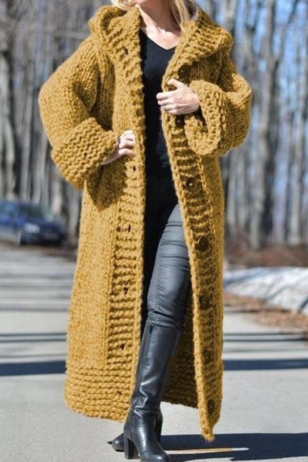 Chunky knit long hooded cardigan
