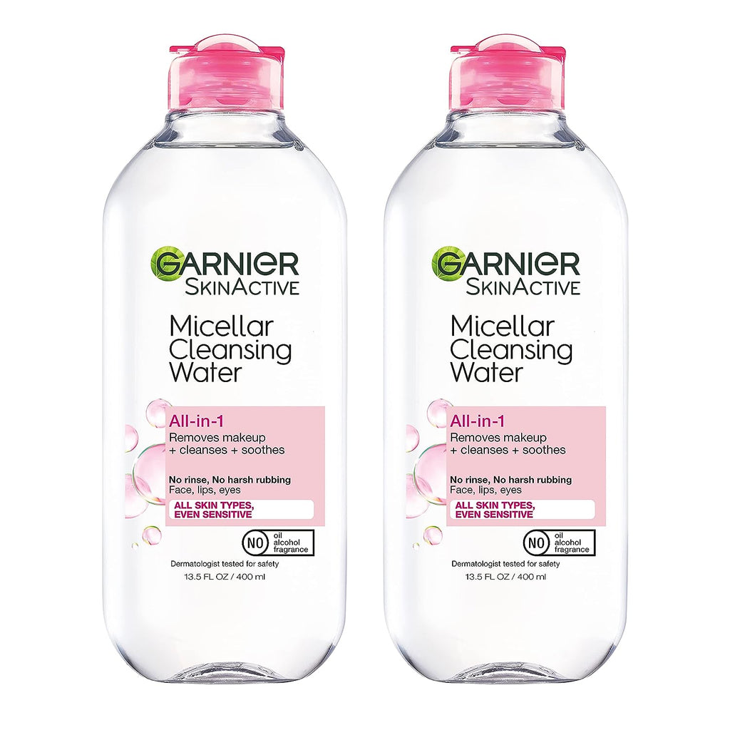 Garnier SkinActive Micellar Water for All Skin Types, Facial Cleanser &amp; Makeup Remover, 13.5 Fl Oz (400mL), 2 Count (Packaging May Vary)