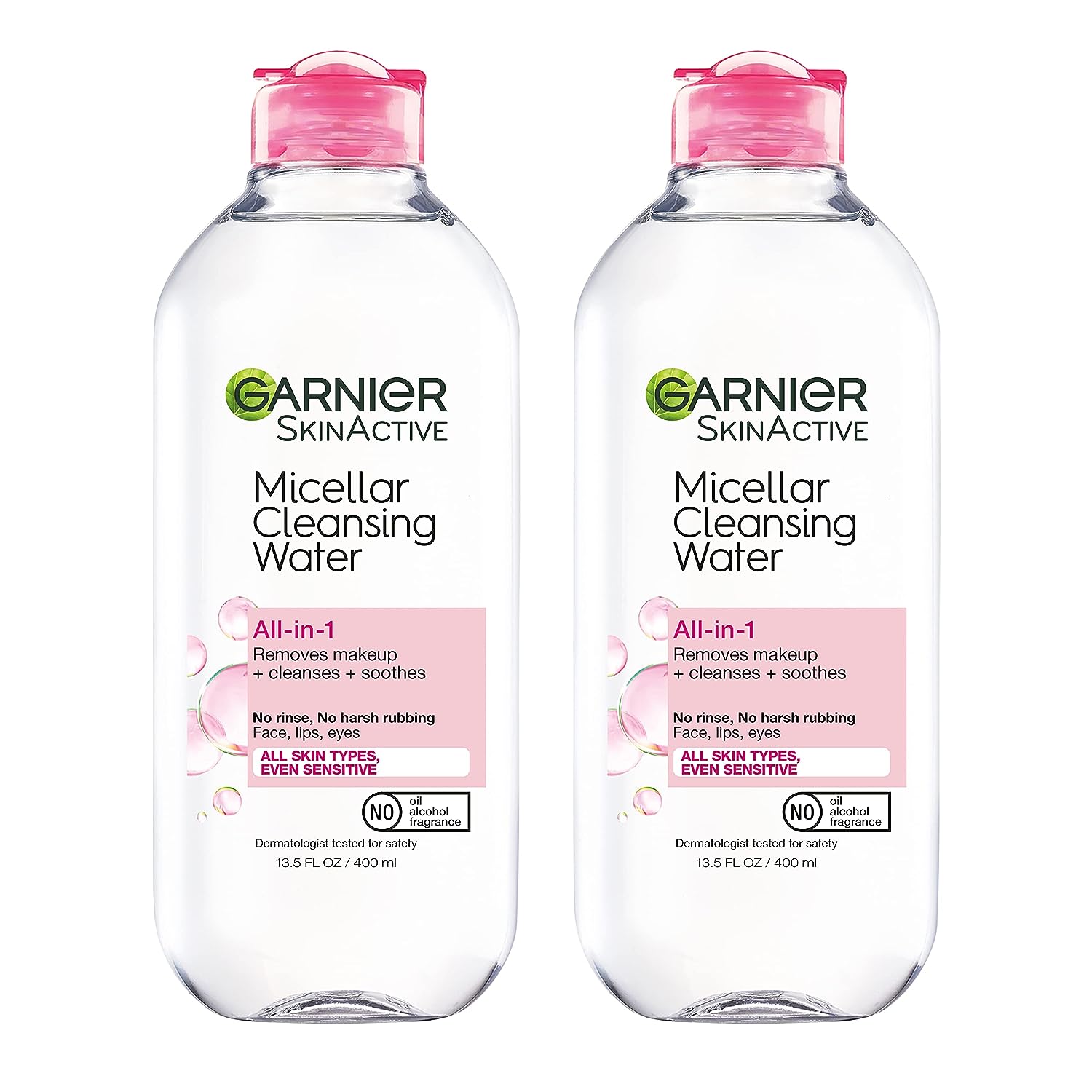Garnier SkinActive Micellar Water for All Skin Types, Facial Cleanser &amp; Makeup Remover, 13.5 Fl Oz (400mL), 2 Count (Packaging May Vary)