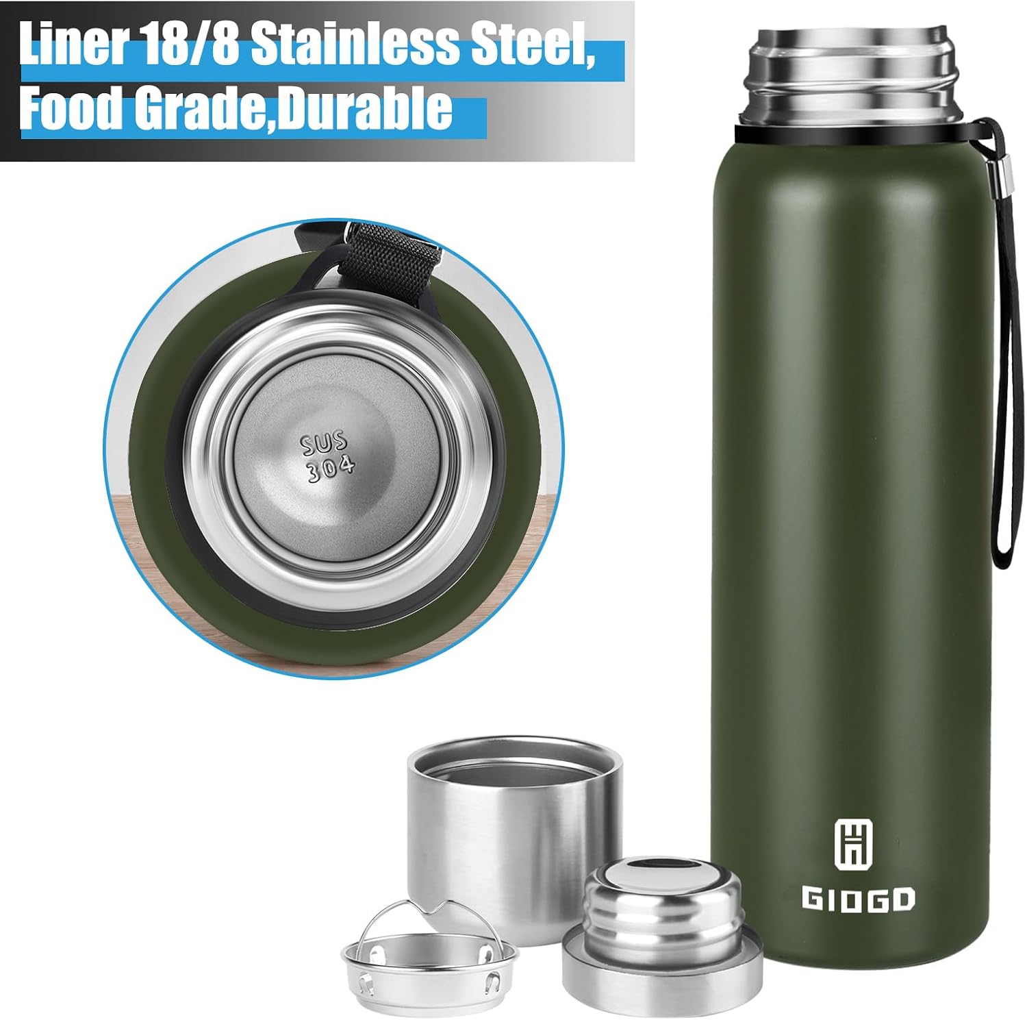 Insulated vacuum Thermo Bottle 1000ml/33.8oz with cup Stainless steel coffee bottles for hot and cold drink water flask.