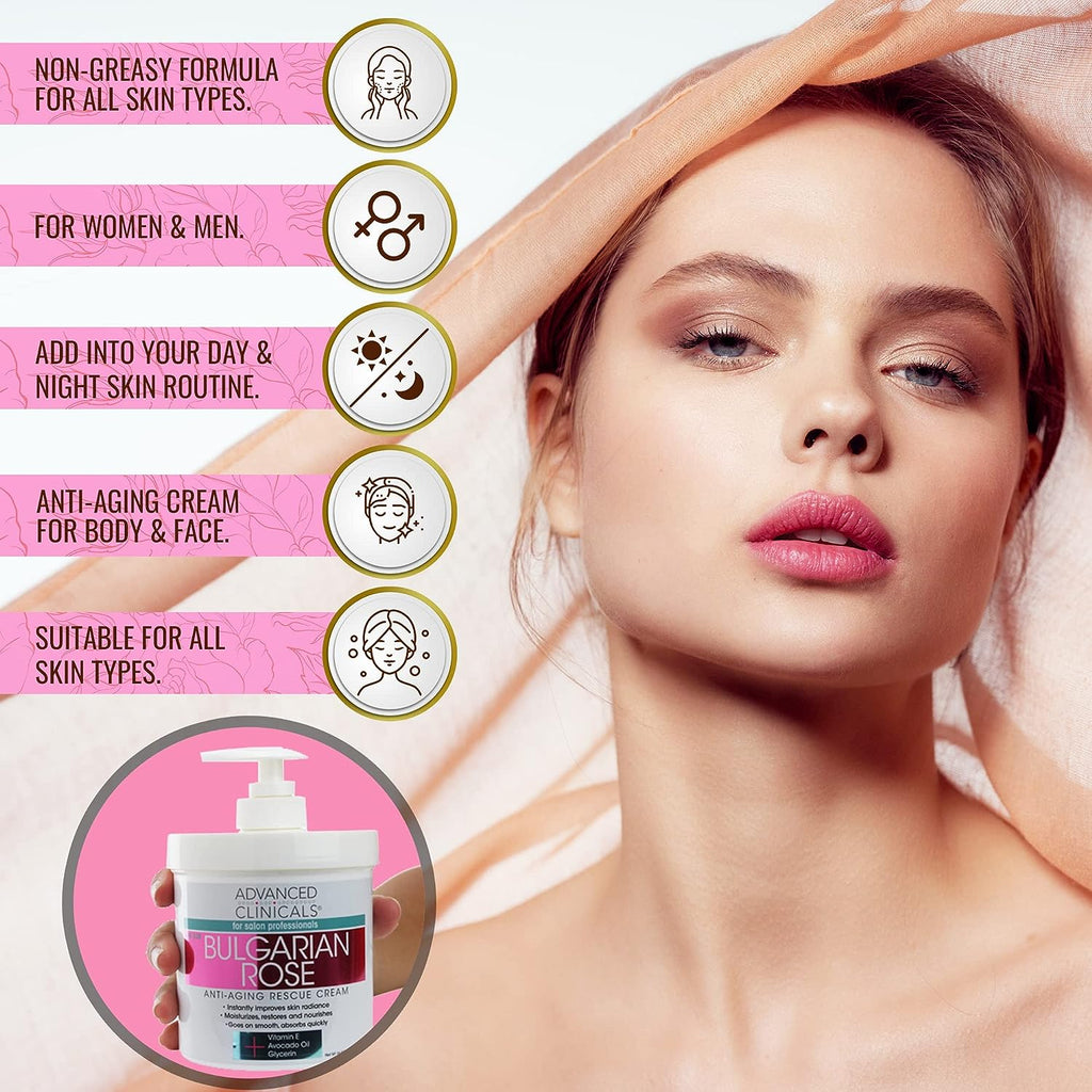 Advanced Clinicals Bulgarian Rose Rescue Cream, Anti-Aging Face &amp; Body Moisturizer for Dry Skin, 16 Oz