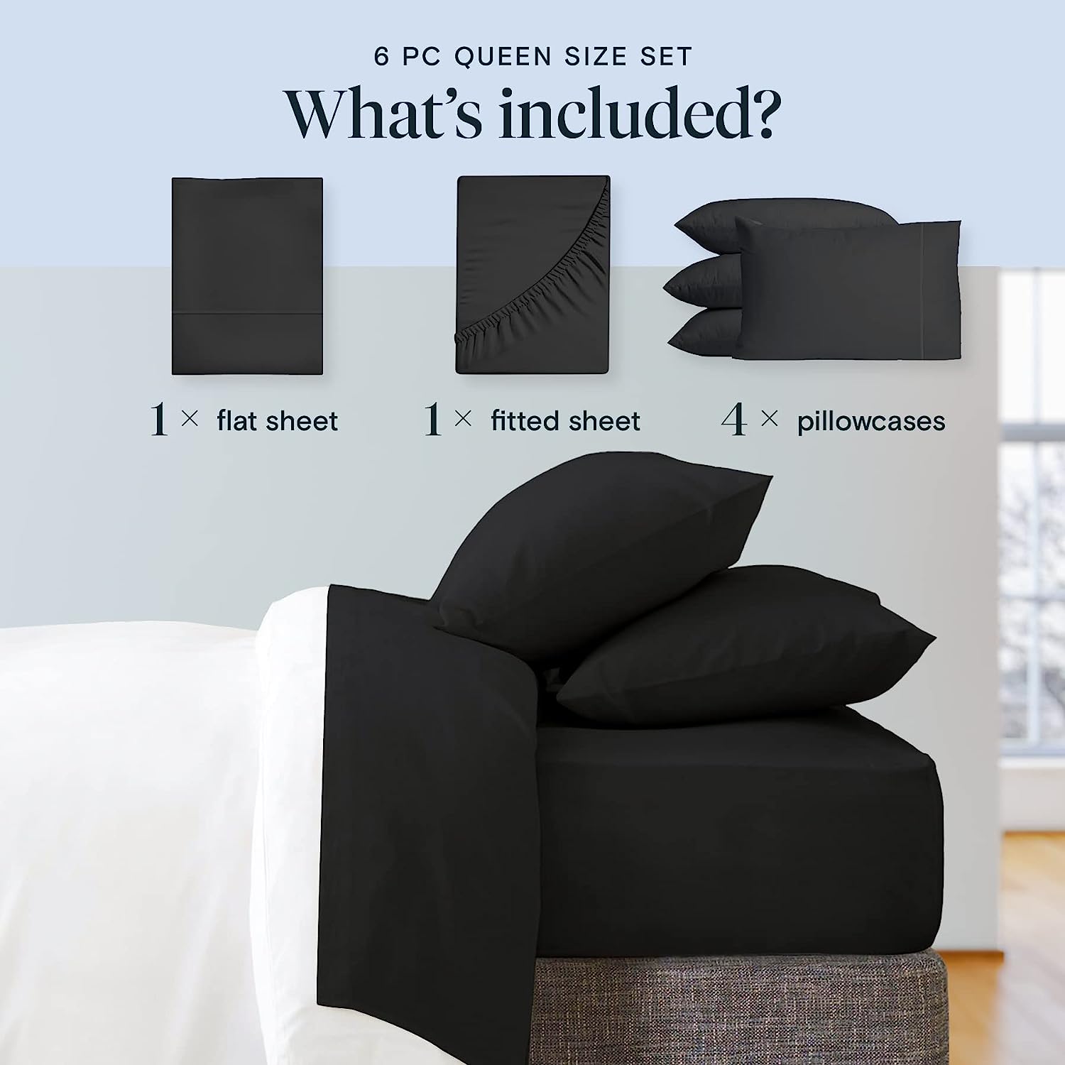 LuxClub 6 PC California King Size Sheet Set Bamboo Sheets Deep Pockets 18" Eco Friendly Wrinkle Free Cooling Sheets Machine Washable Hotel Bedding Silky Soft - Black California King