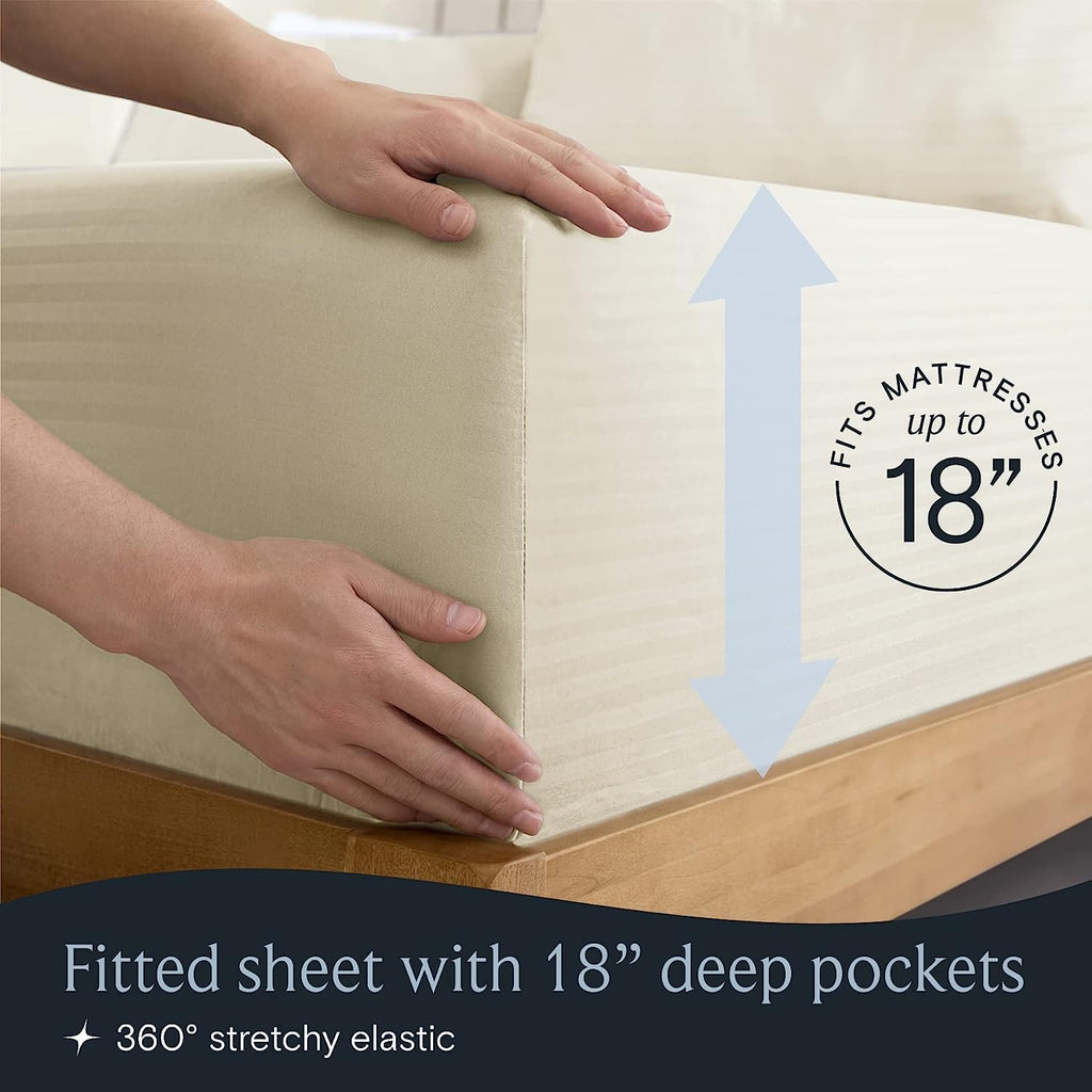 LuxClub King Size Striped Sheets Set, 6 PC Striped Bed Sheets, Deep Pockets 18" Eco Friendly Wrinkle Free Cooling Sheets Machine Washable Hotel Bedding Silky Soft (King, Striped Cream)
