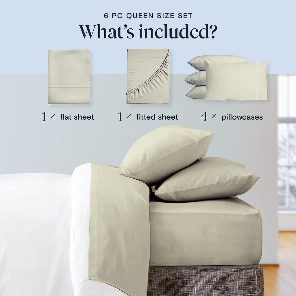 LuxClub 6 PC Full Size Sheet Set Bamboo Sheets Deep Pockets 18" Eco Friendly Wrinkle Free Cooling Sheets Machine Washable Hotel Bedding Silky Soft - Light Taupe Full
