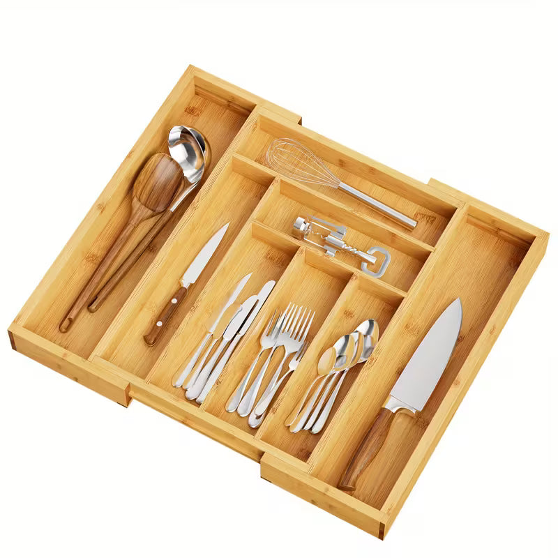 Versatile Bamboo Expandable Drawer Organizer for Cutlery, Adjustable Tray, Wooden Drawer Dividers for Organizing Silverware, Cutlery And Knives in The Kitchen, Bedroom Or Living Room