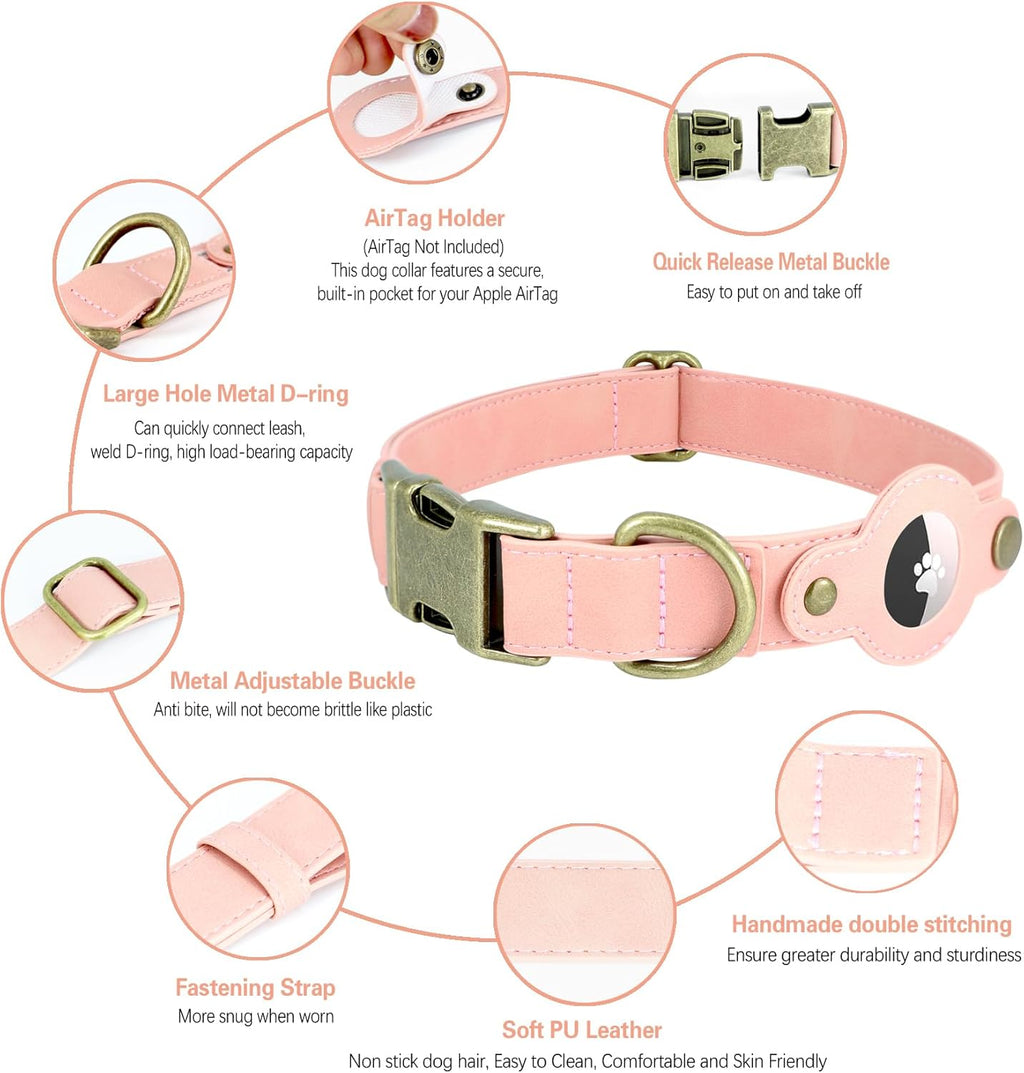 AirTag Dog Collar for Small Dogs Puppy - Soft Leather Dog Collar with Apple AirTag Holder and Metal Buckle - Smart Tracker GPS Apple Air Tag Pet Collars (Red, S)