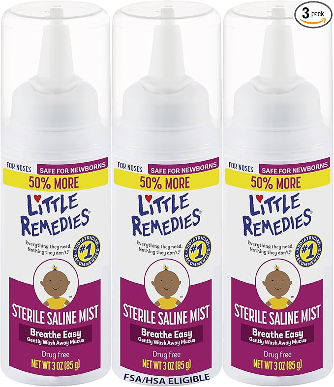 Little Remedies Sterile Baby Saline Nasal Mist, Safe for Newborns to Relieve Stuffy and Dry Noses, 3 Fl Oz, Pack of 3