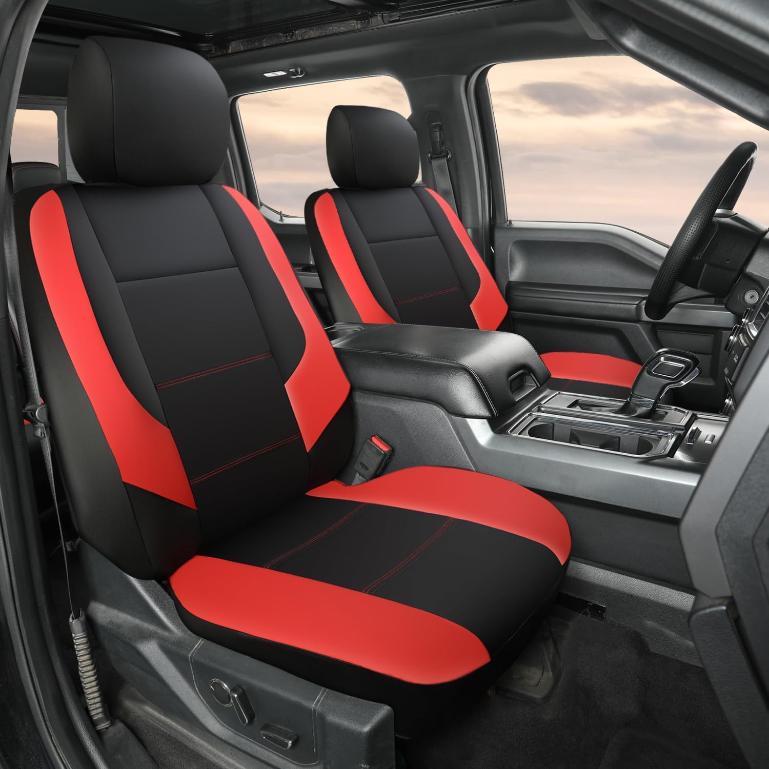 GIANT PANDA Front Car Seat Cover for Ford F150, Piping Leather Bucket Seat Covers Custom Fit Ford F250 F350 (Red+Black) 2-Pack, Faux Leather + Stretch Fabric