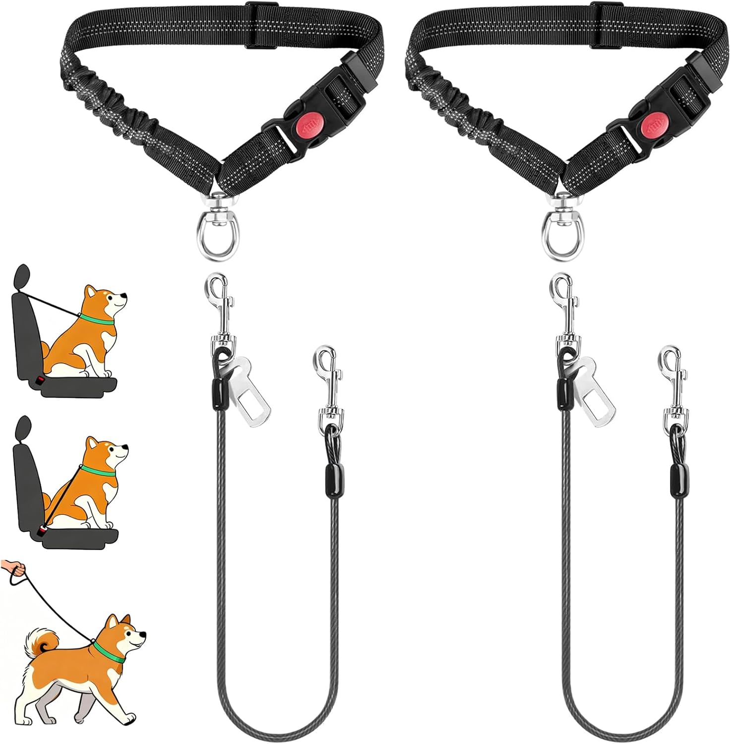 Dog Seat Belt for Car, 2 Pcs Stainless Steel Chew Proof Dog Seatbelt 3 in 1 Harness for Safety Heavy Duty Pet Seat Belt for Medium & Large Dogs (Black+Black)