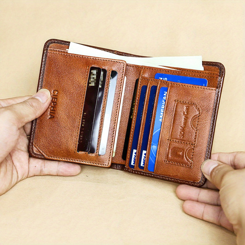 1pc Genuine Leather Rfid BlocWallets For Men, Retro Thin Short Multi-functional ID Credit Card Holder, Gifts To Men On Valentine's Day