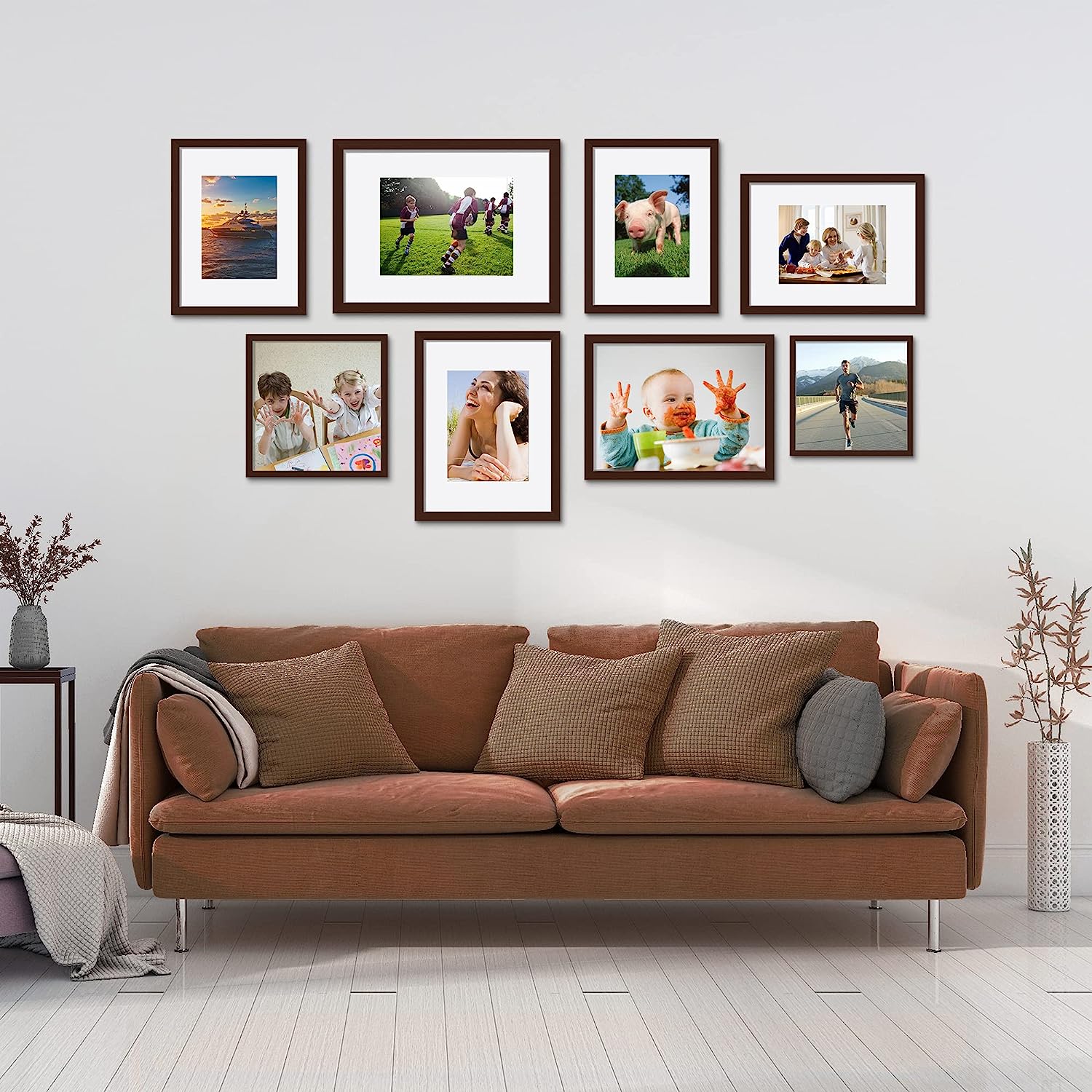 upsimples 16x20 Picture Frame Set of 5, Display Pictures 11x14 with Mat or 16x20 Without Mat, Wall Gallery Poster Frames, Brown
