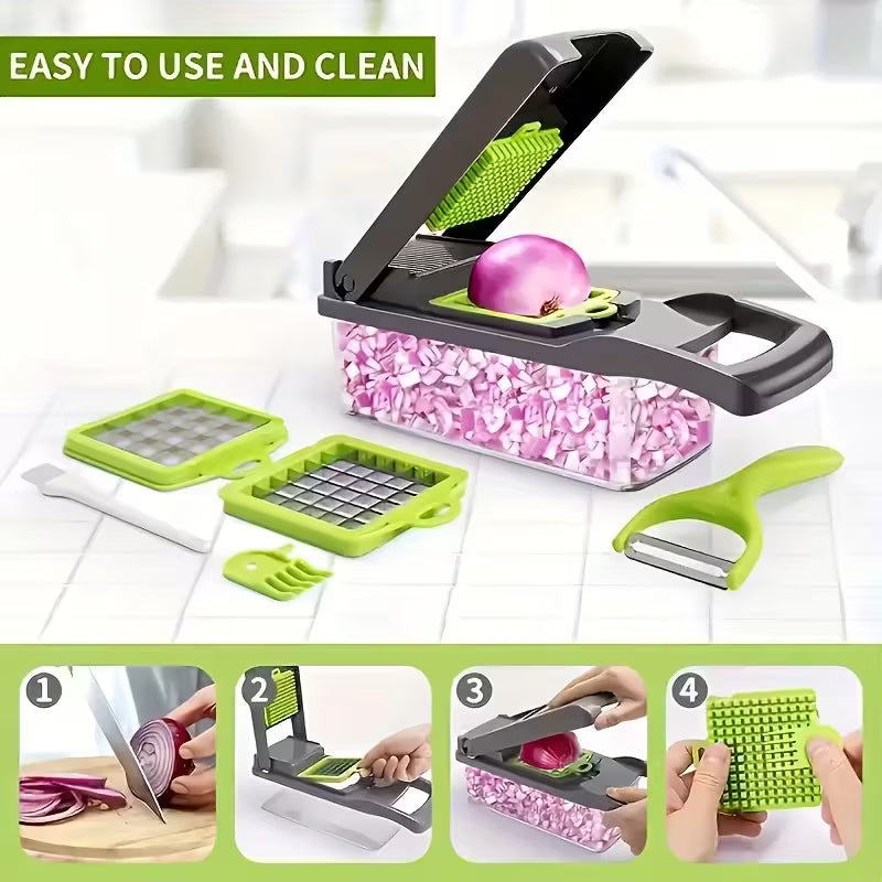 15pcs multifunctional vegetable chopper-stainless steel blade, handle food grinder, vegetable slicer, and onion chopper- suitable for french fries, large capacity slicers, and shredders-perfect for daily kitchen use-an excellent gift for housewives
