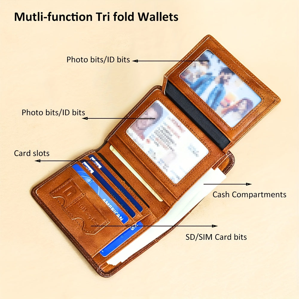 1pc Genuine Leather Rfid BlocWallets For Men, Retro Thin Short Multi-functional ID Credit Card Holder, Gifts To Men On Valentine's Day