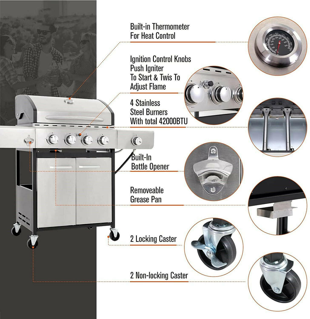 Propane Gas Grill 4 Burner Liquid Propane Gas Grill BBQ Steel Outdoor Cooking