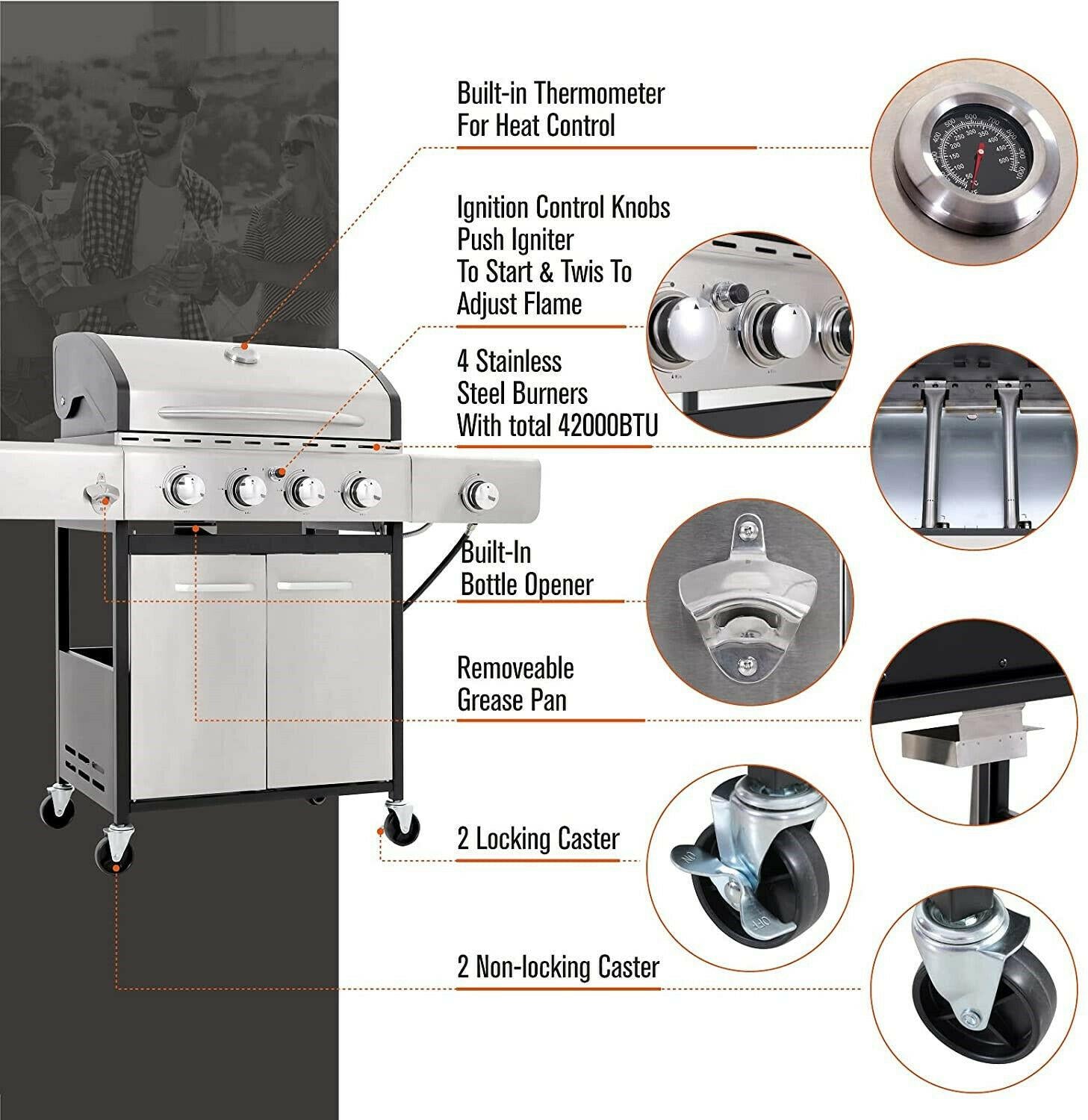 Propane Gas Grill 4 Burner Liquid Propane Gas Grill BBQ Steel Outdoor Cooking