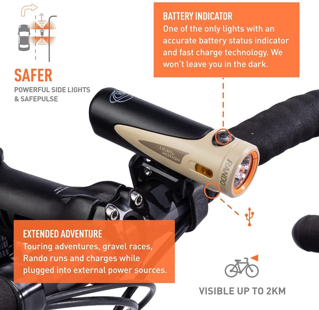 Light & Motion Rando 500 Designed for Extended Adventures The Rando 500 utilizes a high-Capacity Battery for Long Run Times which can be Extended with Any USB Battery Pack. Black & Tan One Size