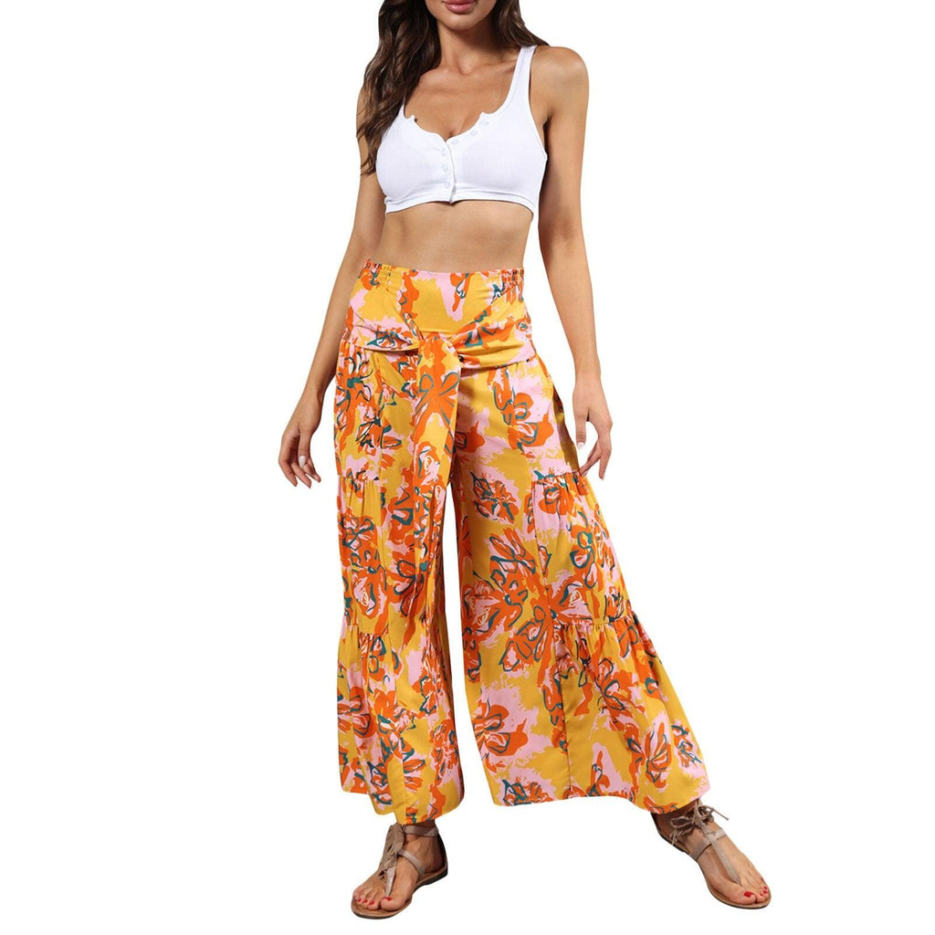 floral ruffle hem bohemian pants