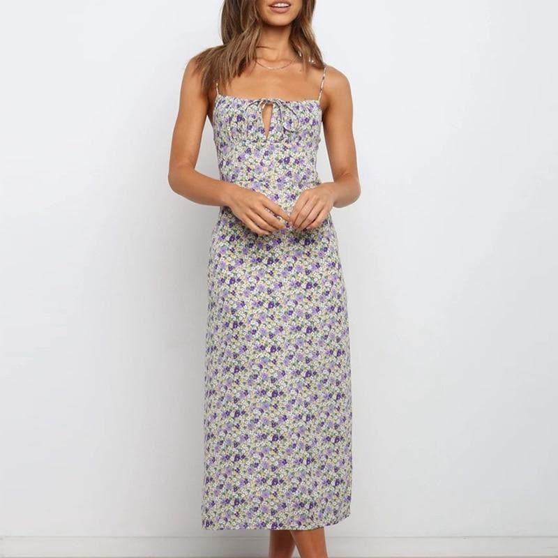 elegant floral print spaghetti strap midi dress