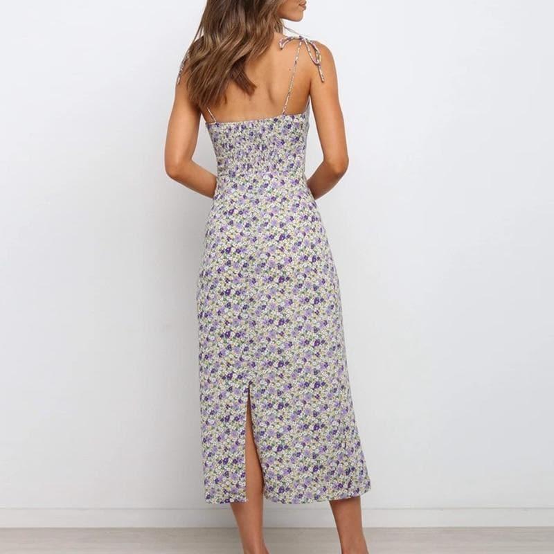 elegant floral print spaghetti strap midi dress