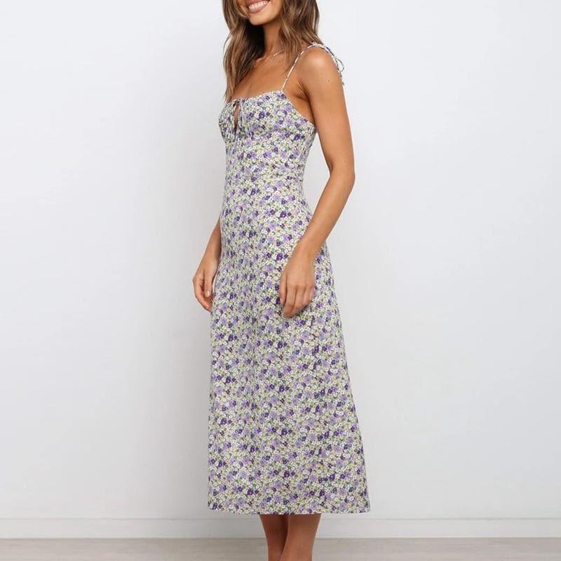 elegant floral print spaghetti strap midi dress