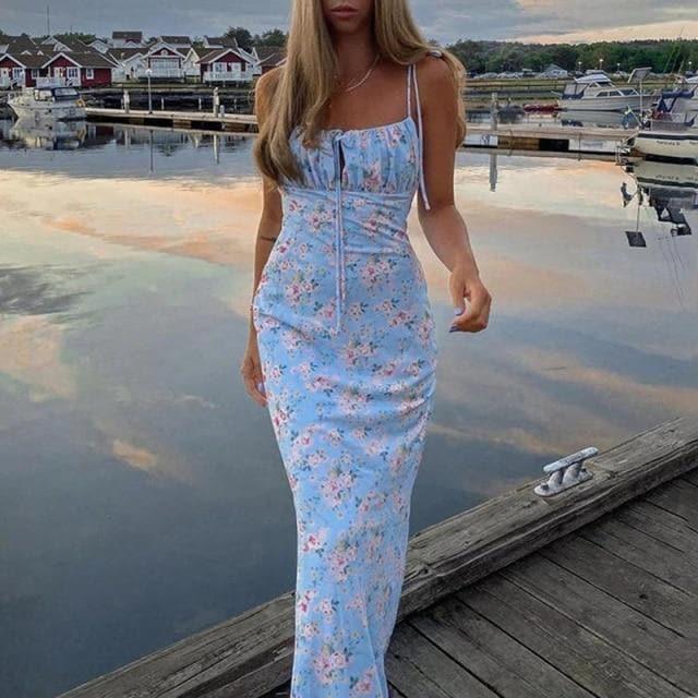 elegant floral print spaghetti strap midi dress