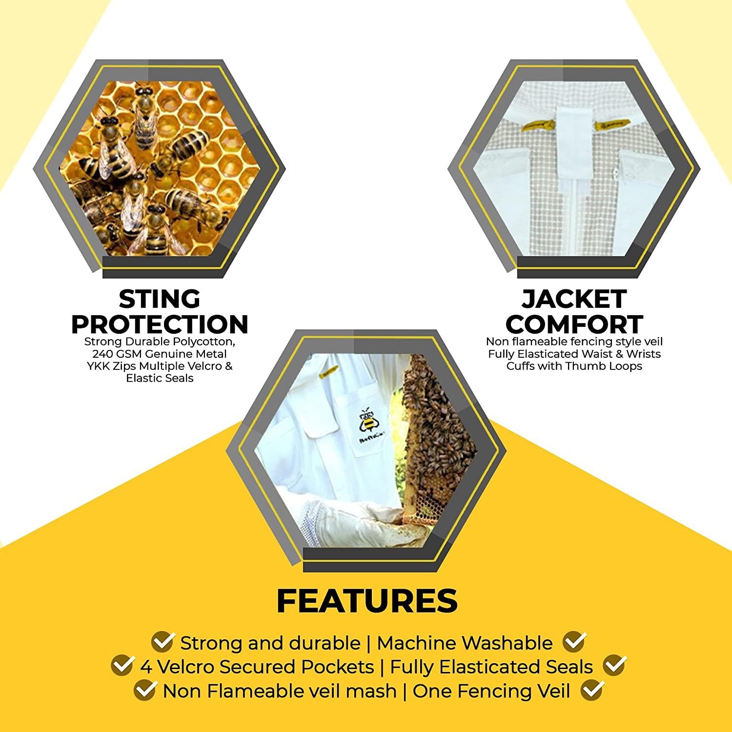 BeeProGear Ventilated Bee Suit for Men-3X Ultra Protective Layer Beekeeping Suit-Premium White Fabric Mesh Bee Keepers Suite-Professional Bee Suit for Women with Round Veil and  Gloves (Small)