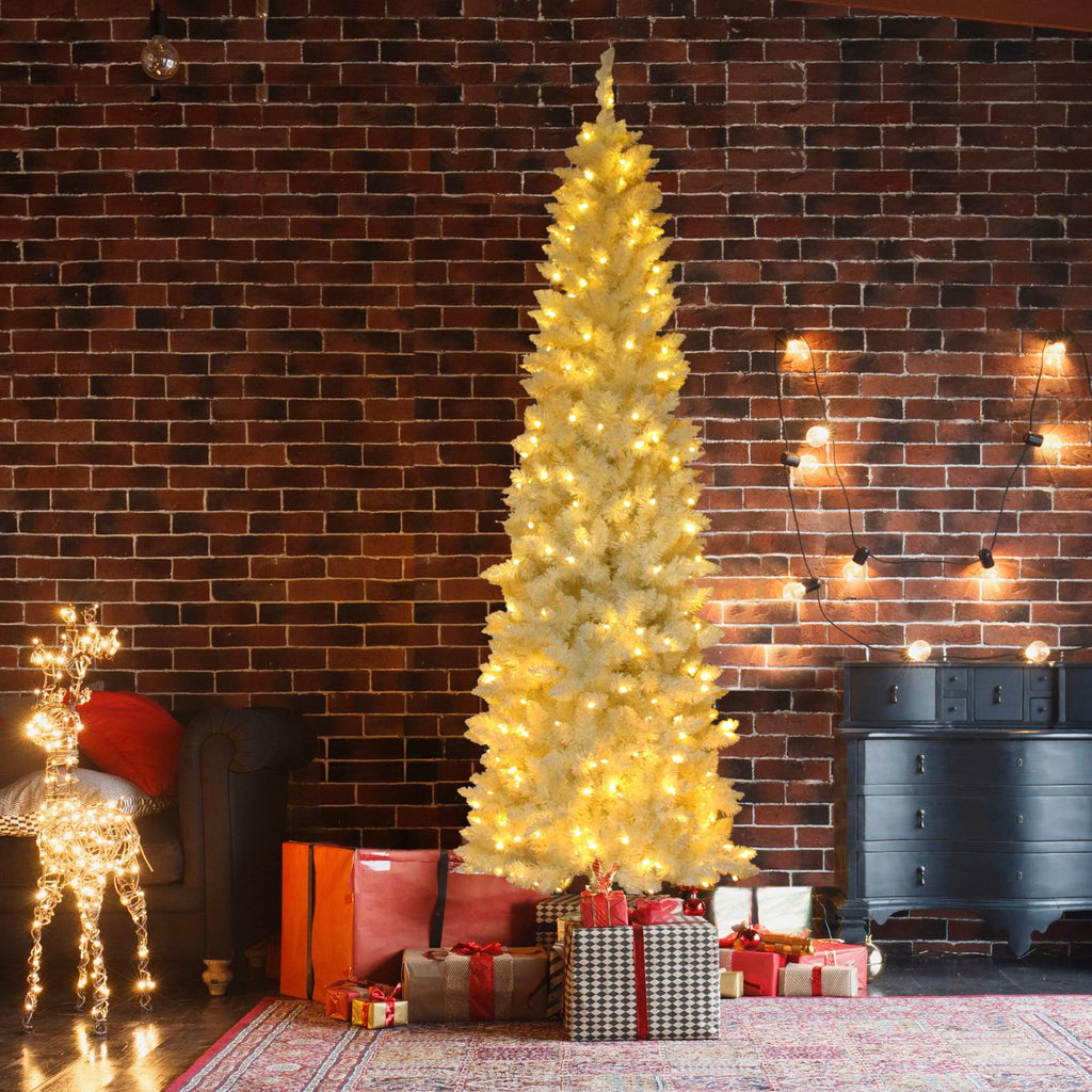 Pre-lit Artificial Christmas Trees, BTMWAY 7.5 Ft Pencil Slim Christmas Trees with Lights, 1050 Branch Tips, Metal Base, White, R240