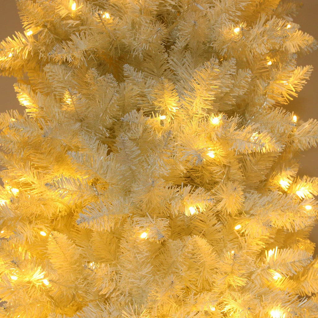 Pre-lit Artificial Christmas Trees, BTMWAY 7.5 Ft Pencil Slim Christmas Trees with Lights, 1050 Branch Tips, Metal Base, White, R240