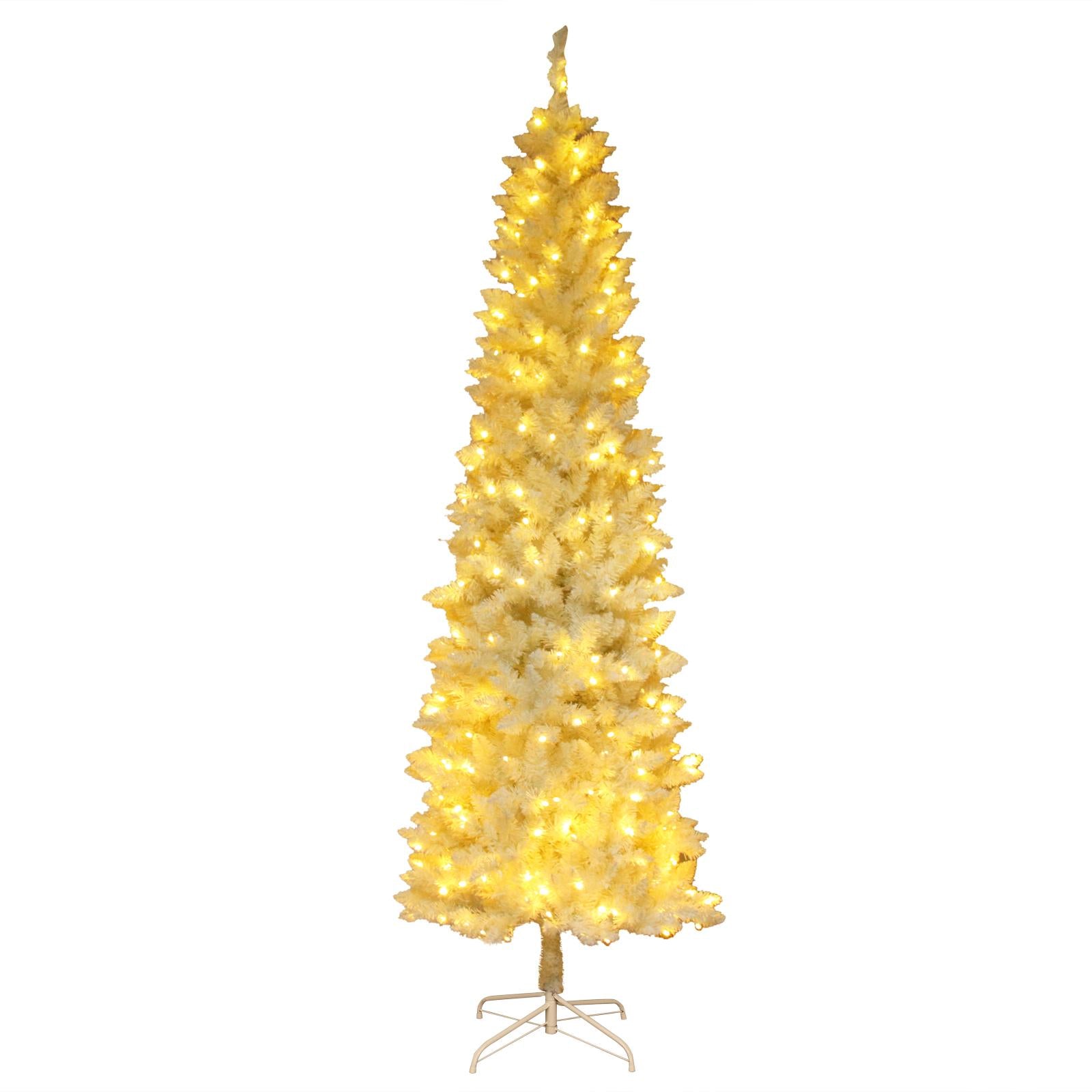 Pre-lit Artificial Christmas Trees, BTMWAY 7.5 Ft Pencil Slim Christmas Trees with Lights, 1050 Branch Tips, Metal Base, White, R240