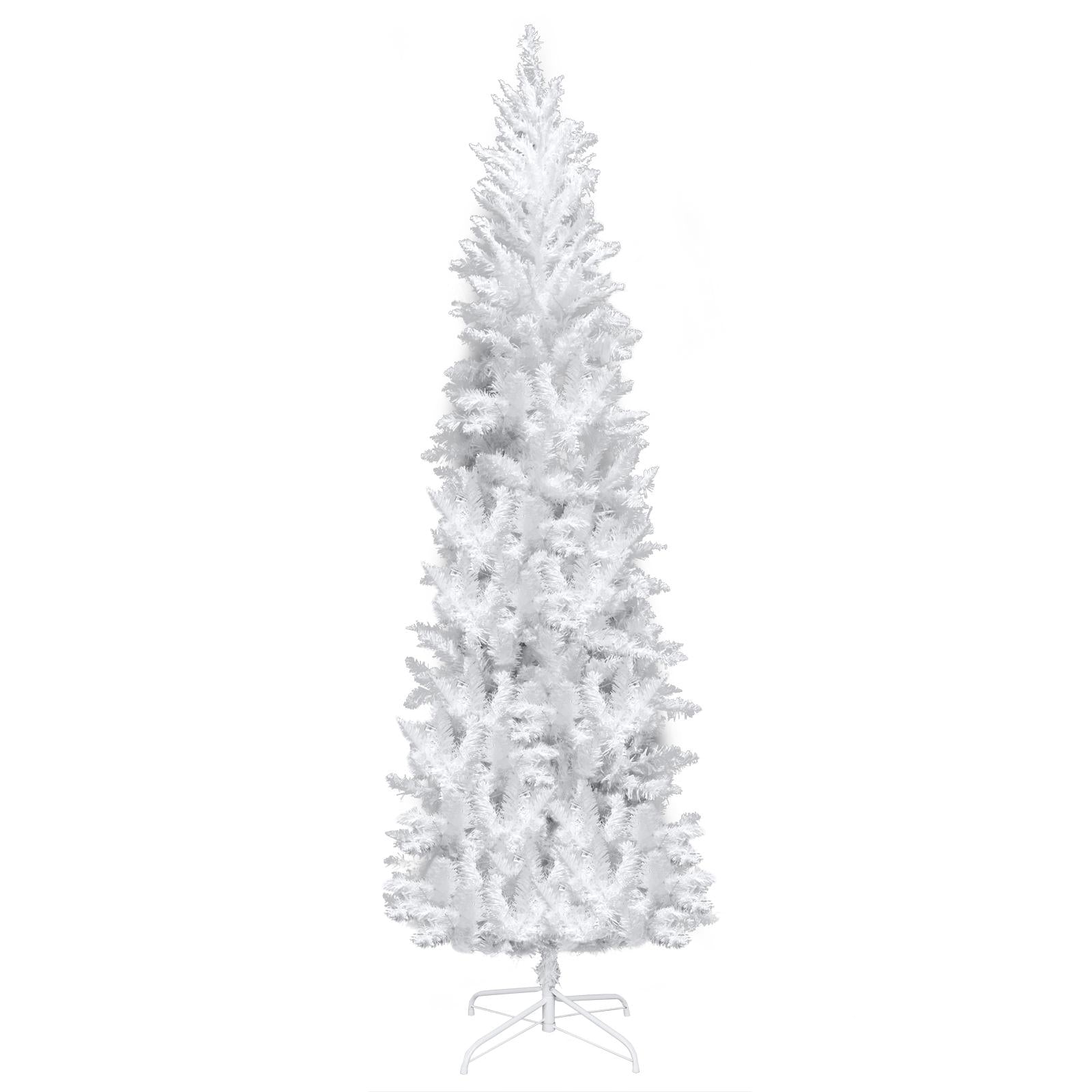 Pre-lit Artificial Christmas Trees, BTMWAY 7.5 Ft Pencil Slim Christmas Trees with Lights, 1050 Branch Tips, Metal Base, White, R240