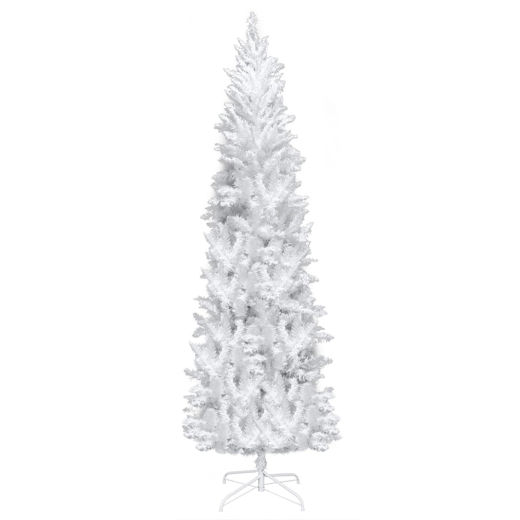 Pre-lit Artificial Christmas Trees, BTMWAY 7.5 Ft Pencil Slim Christmas Trees with Lights, 1050 Branch Tips, Metal Base, White, R240