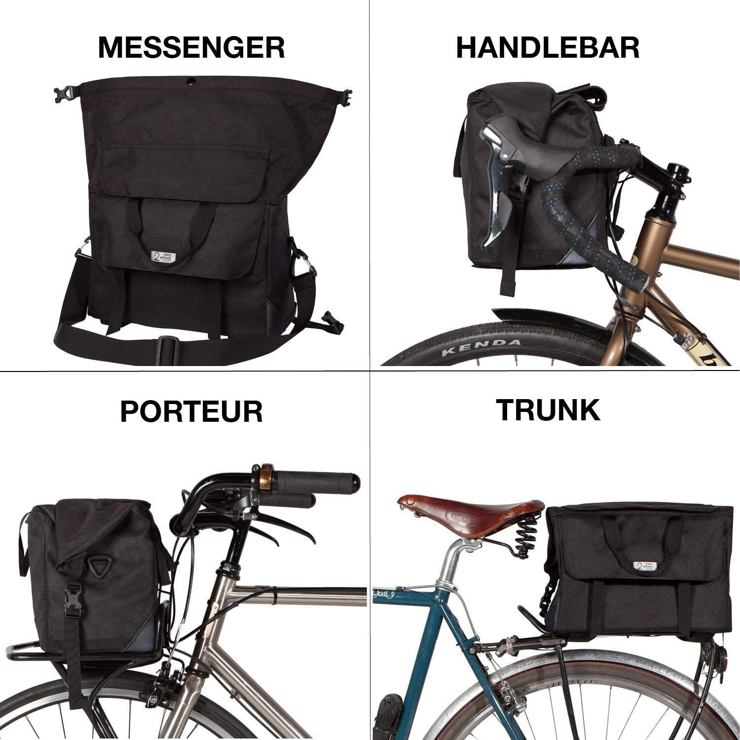 Two Wheel Gear - 4 in 1 Dayliner Box Bag - Water Resistant Bike Bag for Handlebars, Rear Trunk, Front Rack or Carried as Roll Top Messenger