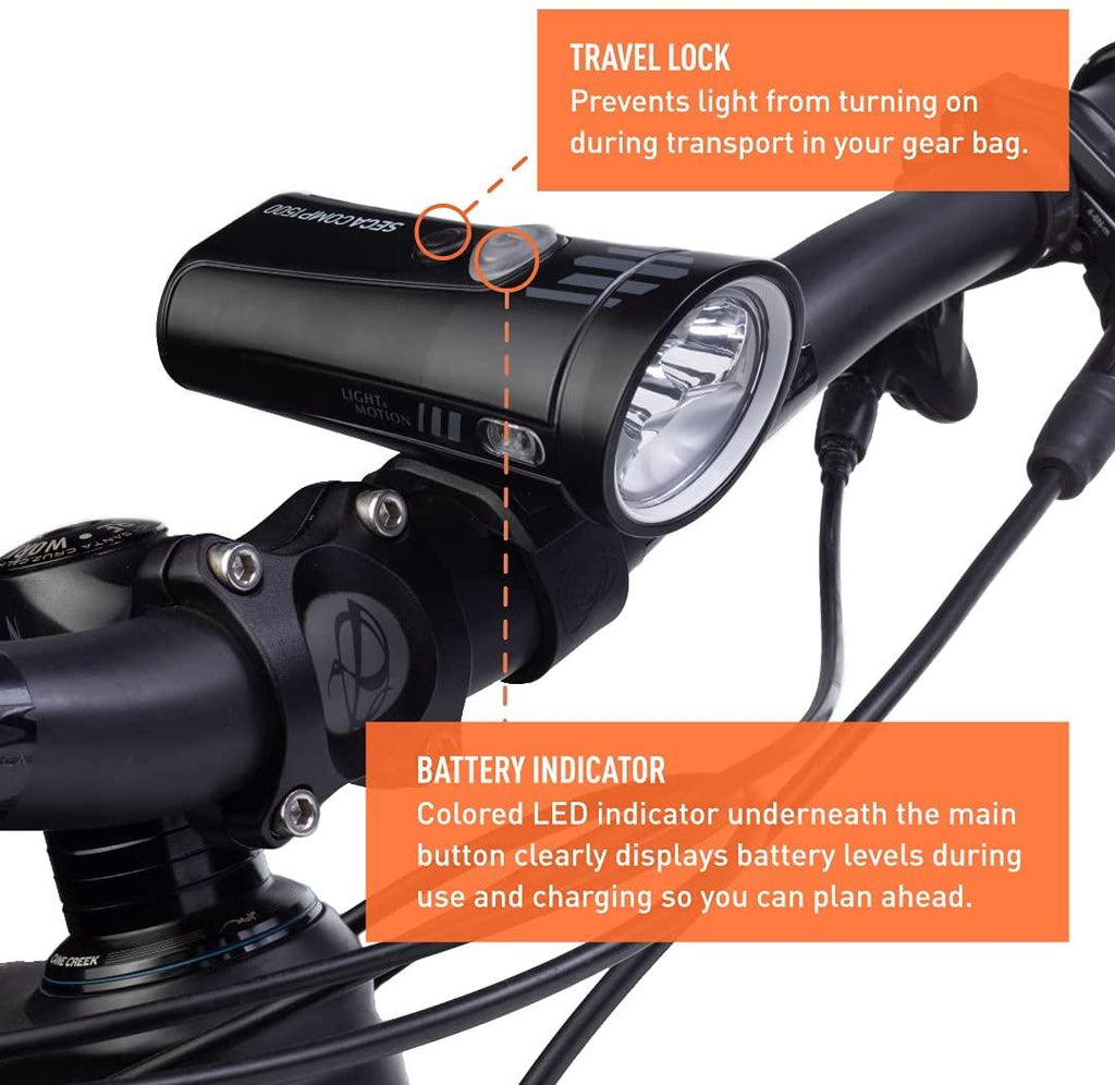 Light & Motion Seca Comp 1500, Light up The Whole Trail with 1500 lumens of Power. Designed for Trails, The Seca Comp is Also a Superior Road Light with 4 Modes for Night and Day Safety and Vision.