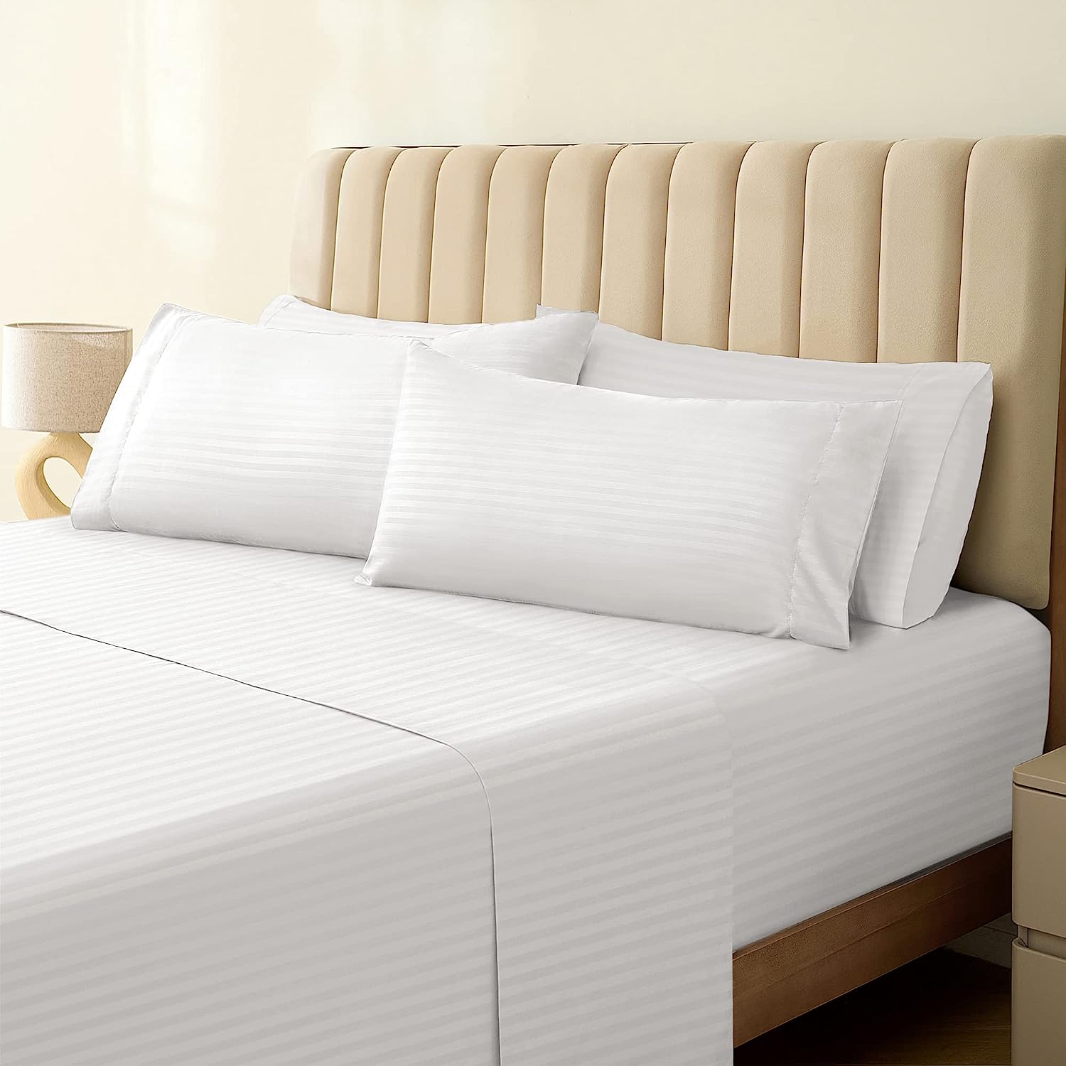 LuxClub King Size Striped Sheets Set, 6 PC Striped Bed Sheets, Deep Pockets 18" Eco Friendly Wrinkle Free Cooling Sheets Machine Washable Hotel Bedding Silky Soft (King, Striped White)