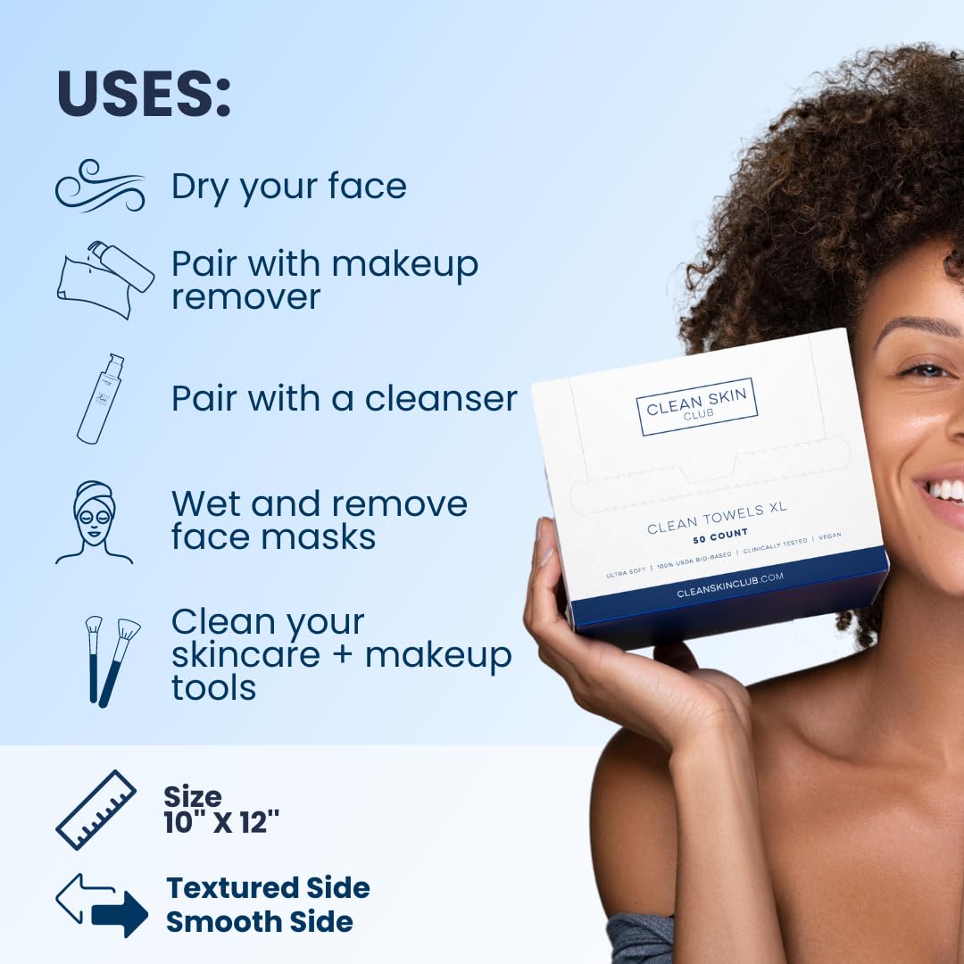 Clean Skin Club Clean Towels XL, 100% USDA Biobased Dermatologist Approved Face Towel, Disposable Clinically Tested Face Towelette, Facial Washcloth, Makeup Remover Dry Wipes, Ultra Soft, 200 ct, 4 pack