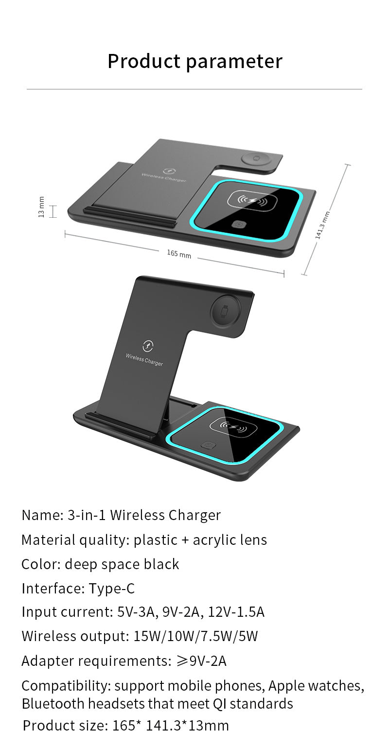 3 In 1 Fast Charging Station, Folding Wireless Charger Stand For  14,13,12,11/Pro/Max/Mini/Plus, X, XR, XS/Max, SE, 8/Plus, For IWatch 1-8, For Airpods 3/2/Pro